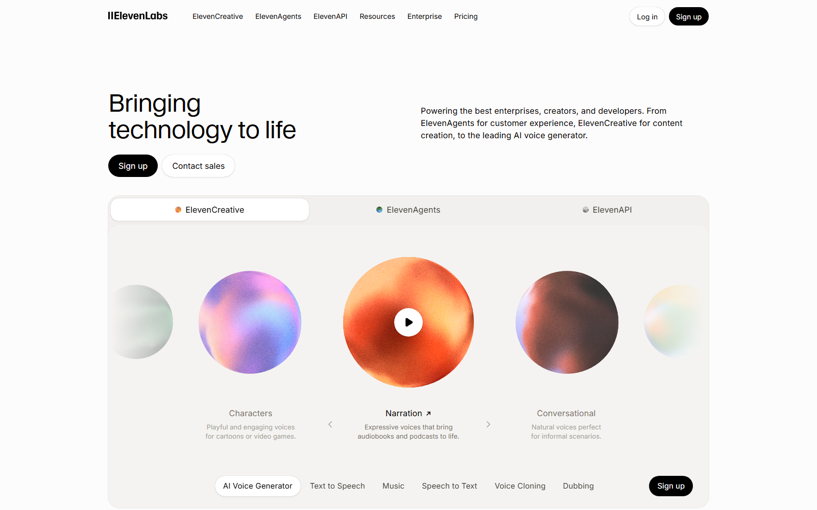 elevenlabs homepage screenshot, captured 2026-07-28