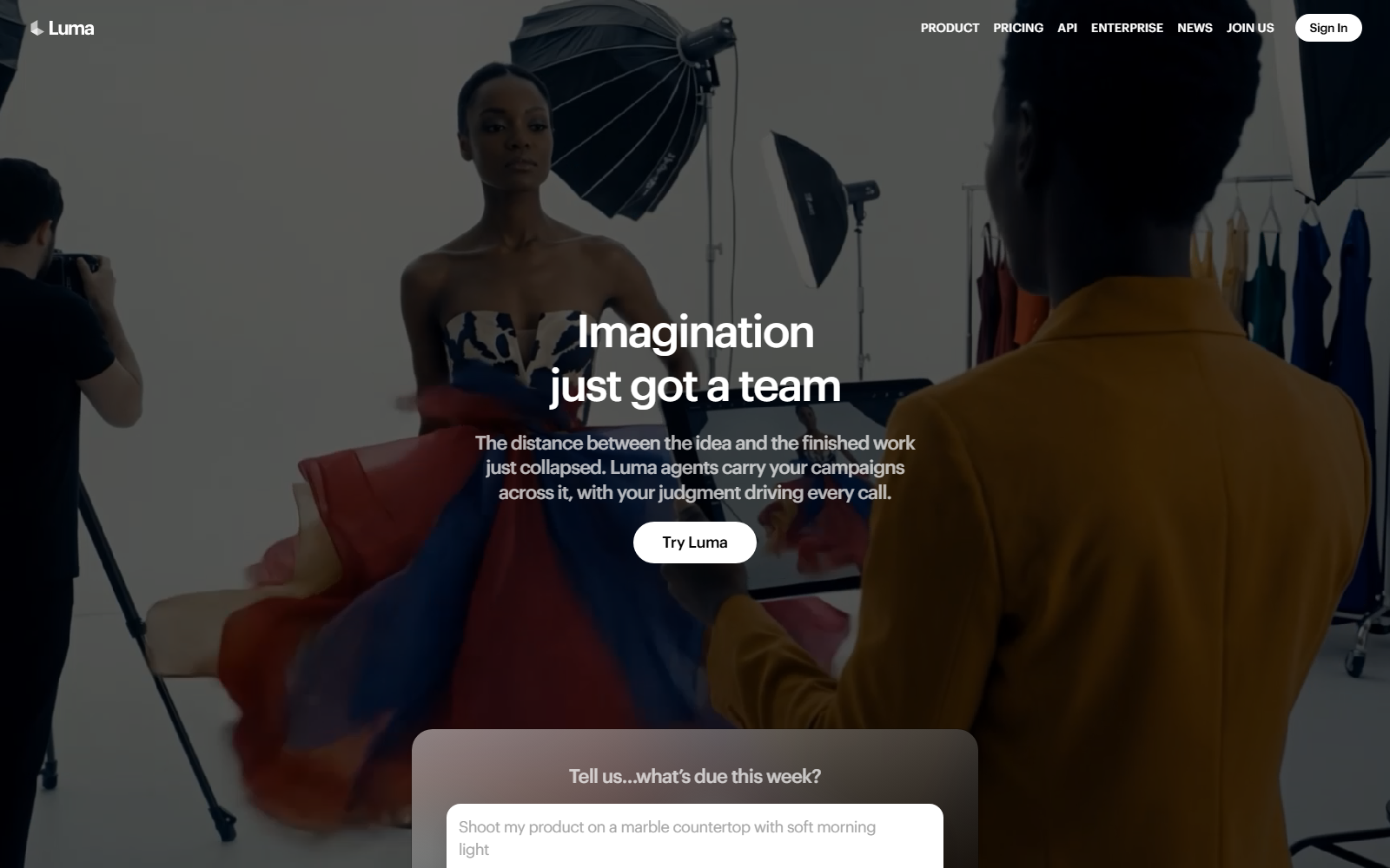 Luma (Dream Machine) homepage screenshot, captured for this comparison