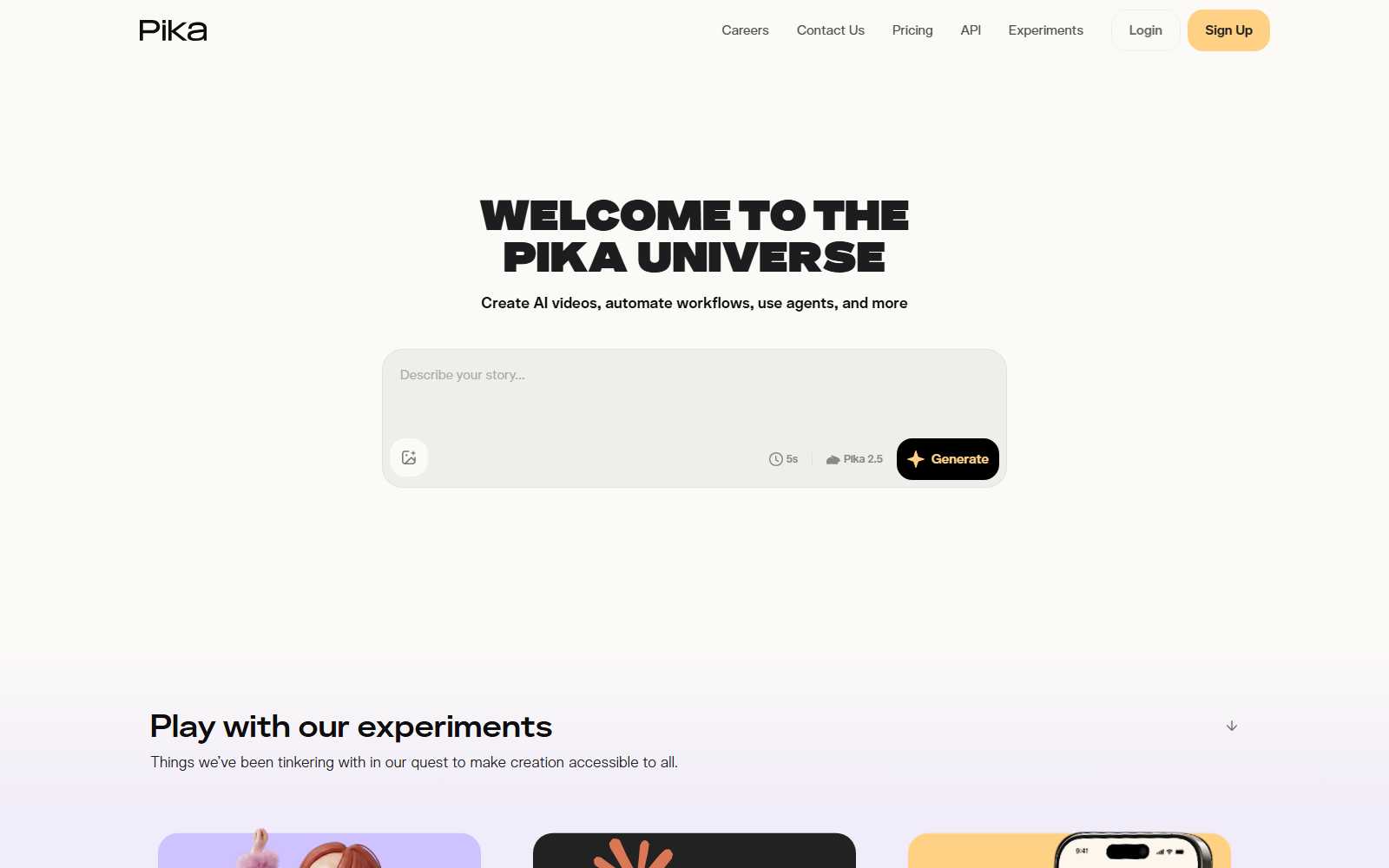 Pika homepage screenshot, captured for this comparison