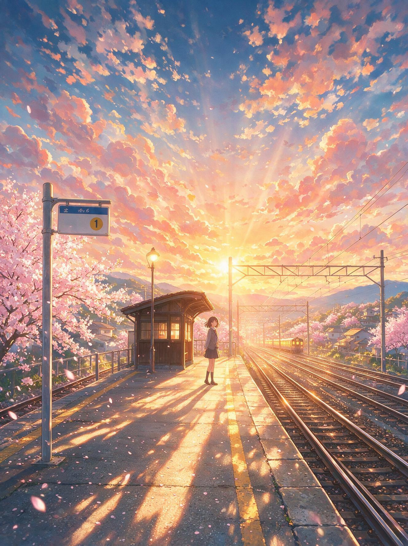 Seedream 5.0 Pro で生成したアニメイラスト（1K）夕暮れの駅のホームと桜